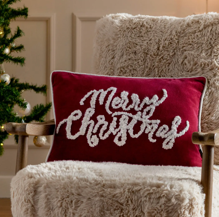 Winter Merry Christmas Applique Velvet Cushion Red (Cover Only)