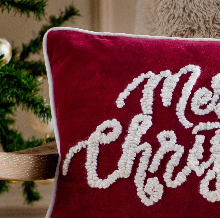 Winter Merry Christmas Applique Velvet Cushion Red (Cover Only)