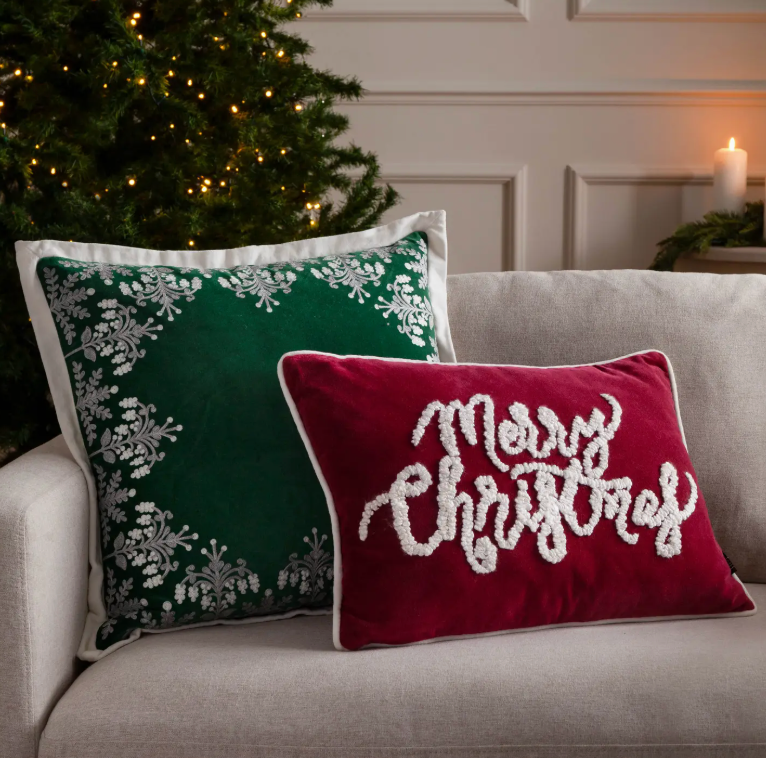 Winter Merry Christmas Applique Velvet Cushion Red (Cover Only)